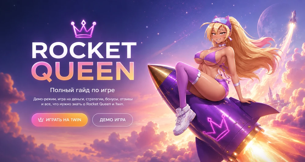 Rocket Queen с персонажем на ракете, неоновым космическим фоном и игровым интерфейсом