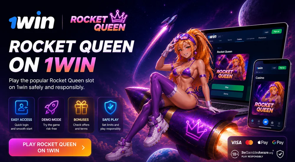 Rocket Queen on 1win guide with anime character on purple rocket, laptop and mobile platform screens, safe play and payment icons