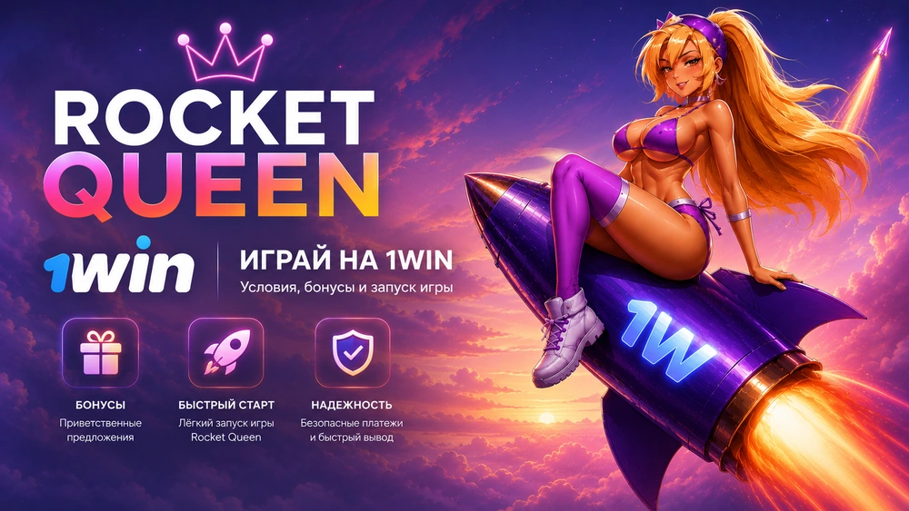 Rocket Queen на 1win с героиней на ракете, космическим фоном и интерфейсом запуска игры