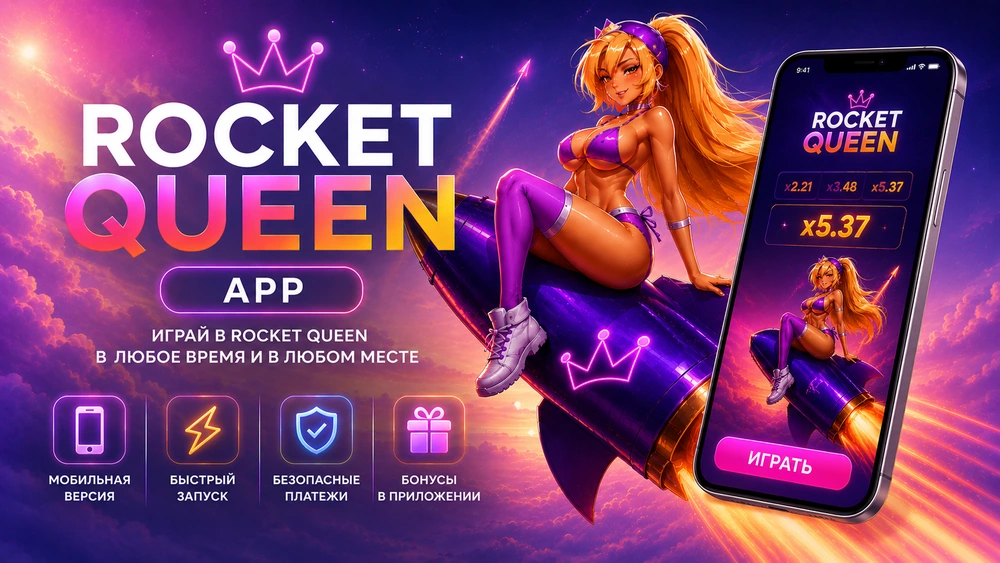 Rocket Queen приложение на смартфоне с героиней на ракете, космическим фоном и мобильным интерфейсом игры