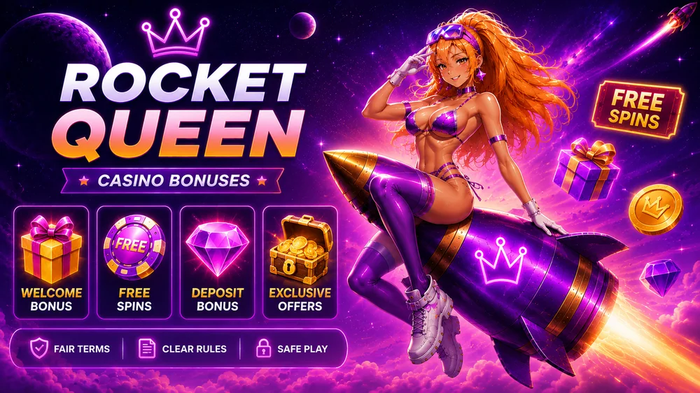 Rocket Queen casino bonuses guide with cinematic purple rocket, blonde game character and bonus rewards atmosphere
