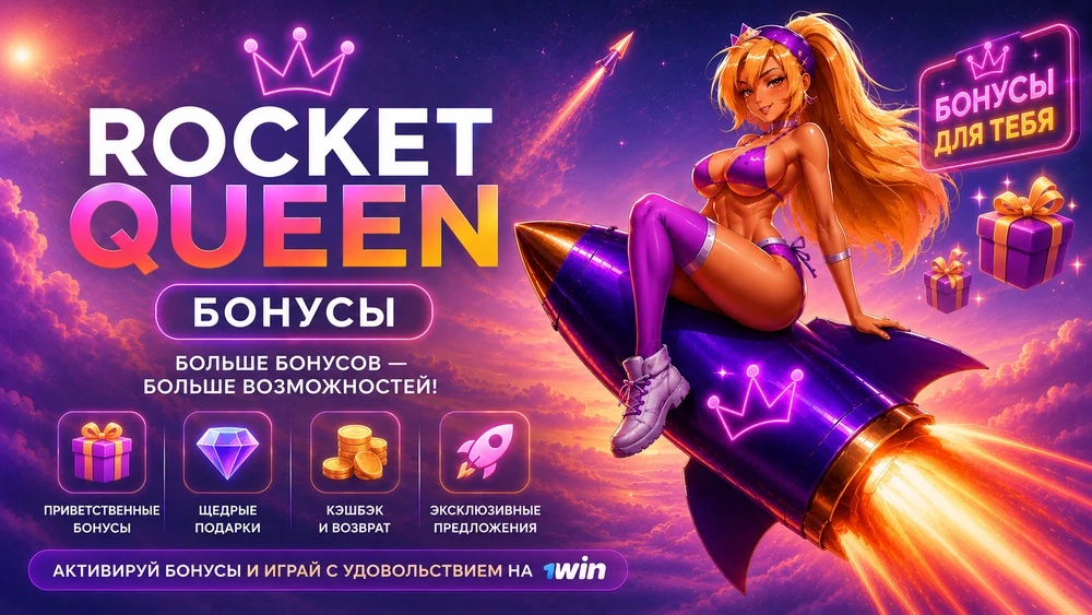 Бонусы Rocket Queen с героиней на ракете, подарочными иконками, монетами и космическим розово-фиолетовым фоном