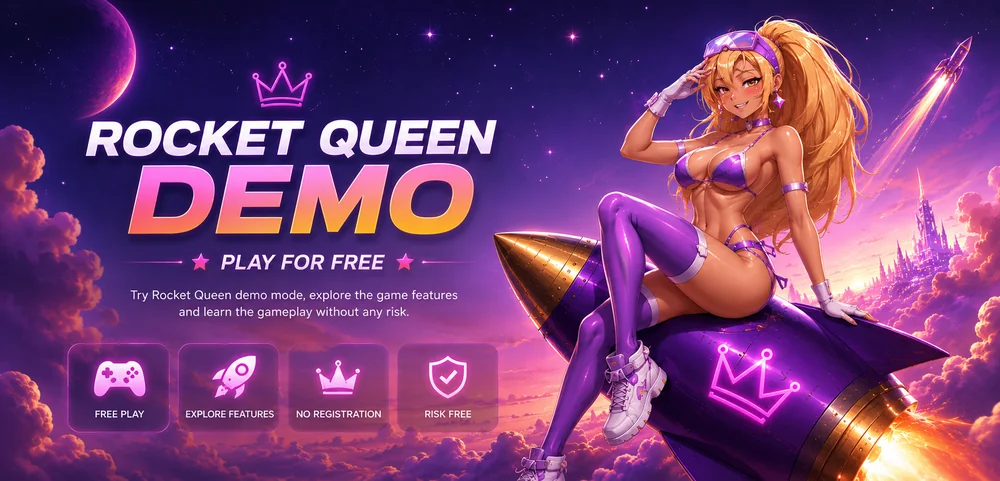 Rocket Queen demo mode banner with anime character on purple rocket, free play icons and cosmic background