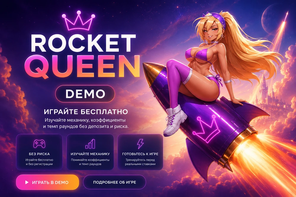 Rocket Queen Demo с персонажем на ракете, неоновым космическим фоном и карточками бесплатной игры