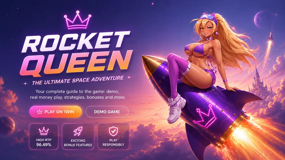 Rocket Queen game guide hero with anime character on purple rocket, cosmic sky and gameplay feature cards