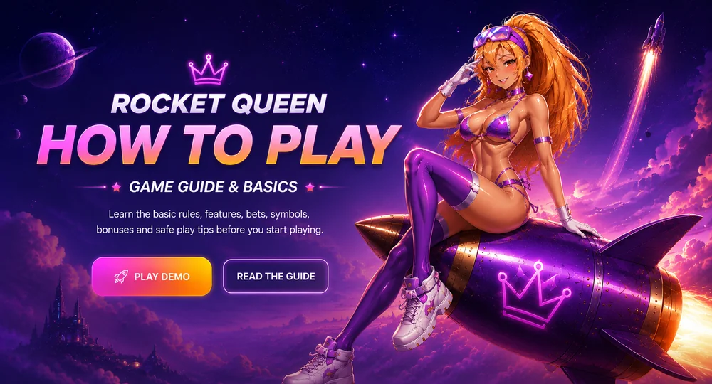 How to play Rocket Queen guide with anime character on purple rocket, cinematic cosmic background and clean CTA layout