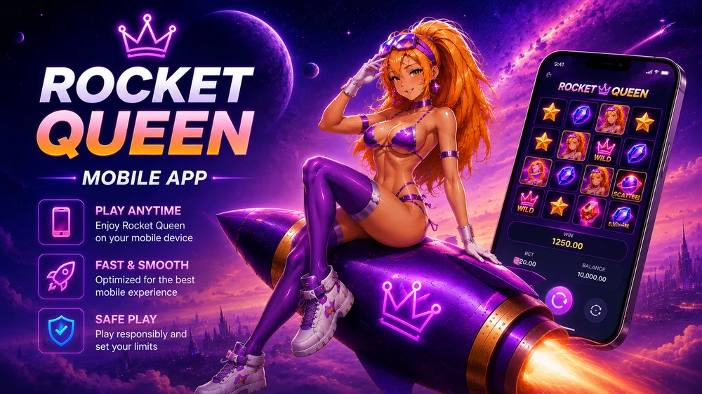 Rocket Queen mobile app guide with anime character on purple rocket, smartphone game screen and cosmic background