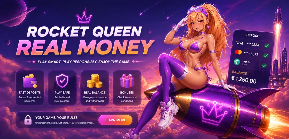 Rocket Queen real money guide with anime character on purple rocket, deposit panel, balance icons and responsible play message