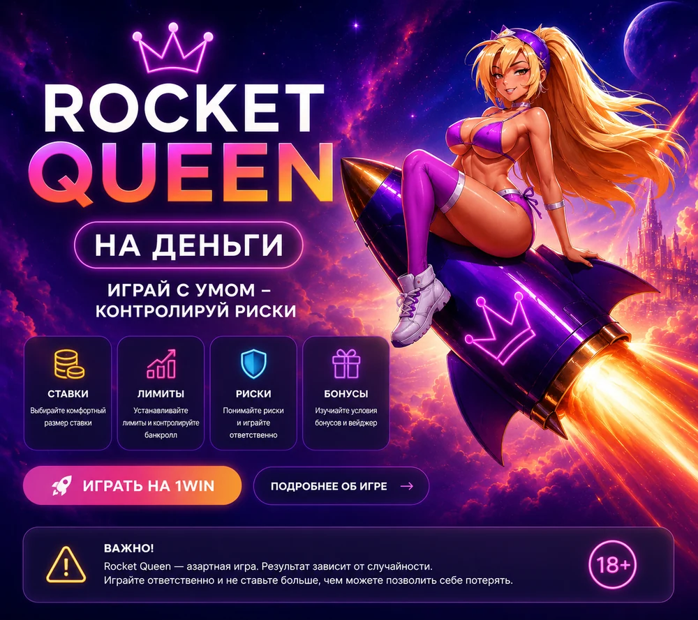 Rocket Queen на деньги с персонажем на ракете, неоновым космическим фоном, ставками, лимитами и предупреждением 18 плюс