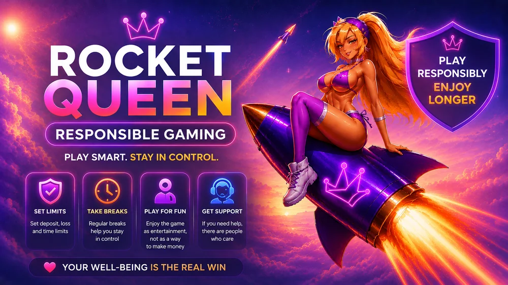 Rocket Queen responsible gaming guide with cinematic purple rocket, safer play icons and soft cosmic sunset background