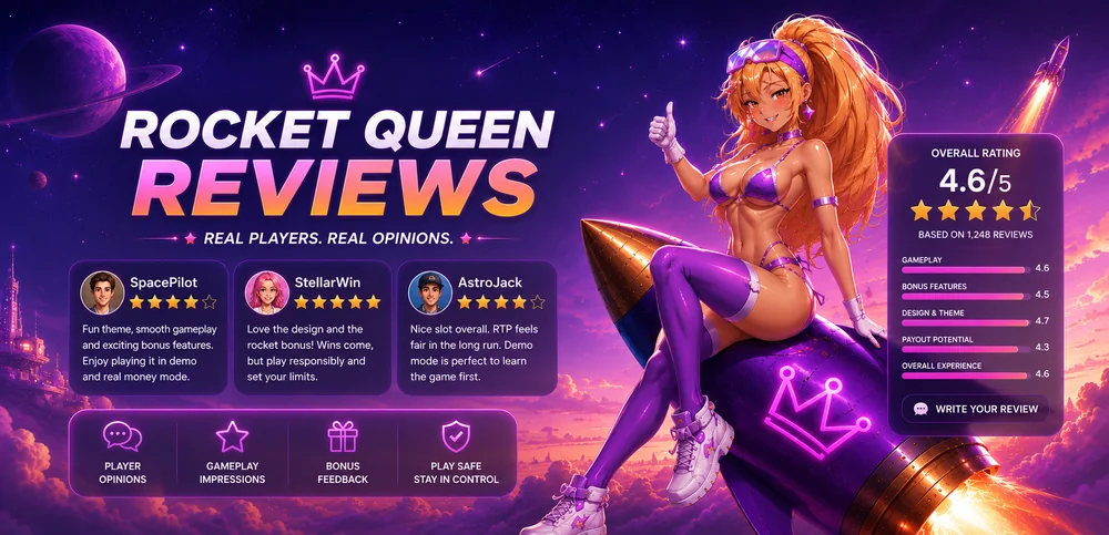 Rocket Queen reviews banner with anime character on purple rocket, rating cards, player feedback panels and cosmic background