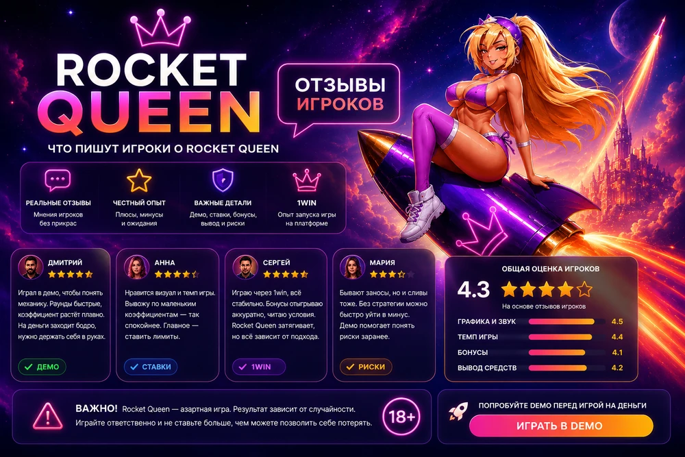 Rocket Queen отзывы игроков с персонажем на ракете, неоновым космическим фоном, рейтингом и карточками мнений
