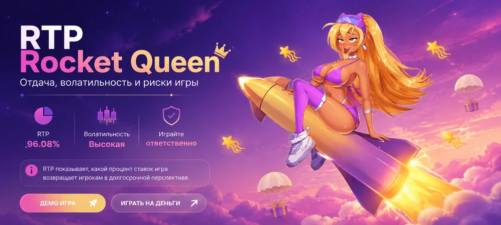 RTP Rocket Queen с оригинальной героиней на ракете, фиолетово-розовым космическим фоном и игровыми параметрами отдачи
