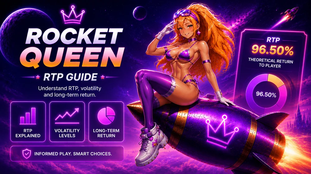 Rocket Queen RTP guide with cinematic purple rocket, payout rhythm icons and soft space background