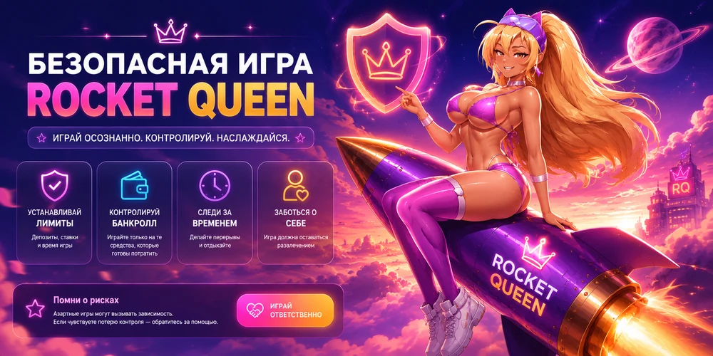 Безопасная игра Rocket Queen с героиней на ракете, щитом защиты, лимитами бюджета и времени