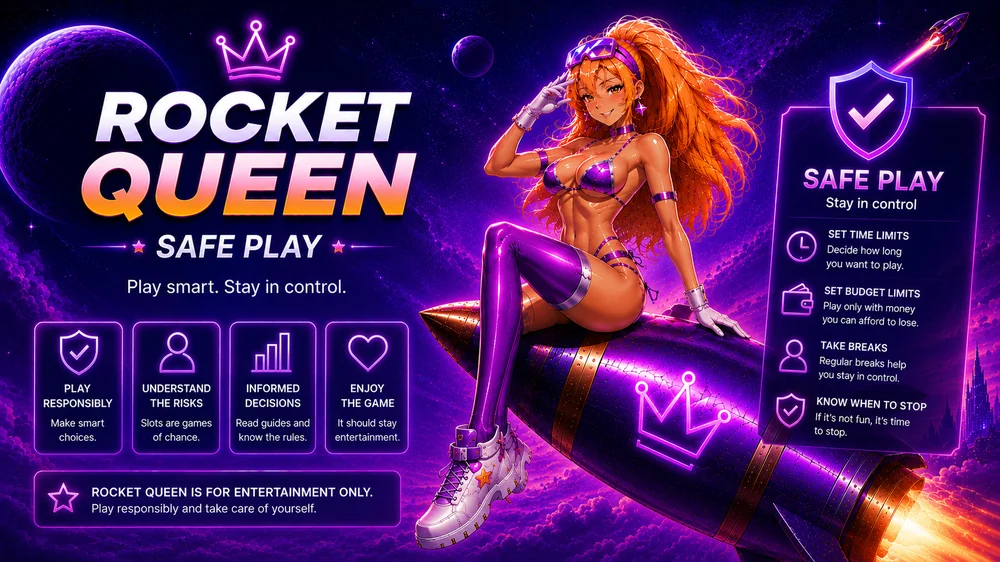 Rocket Queen safe play guide with cinematic purple rocket, soft cosmic background and responsible gaming symbols