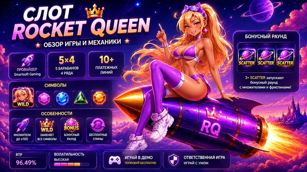 Слот Rocket Queen с героиней на ракете, символами, бонусным раундом и параметрами игры