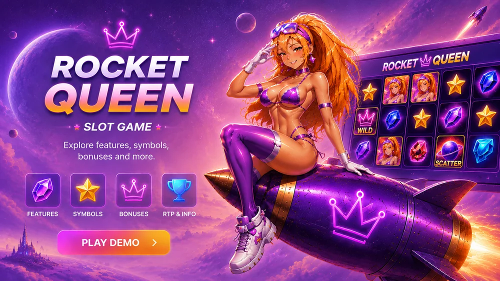 Rocket Queen slot game banner with anime character on purple rocket, slot symbols, bonus icons and bright cosmic background