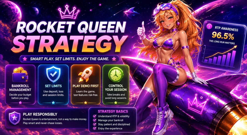 Rocket Queen strategy banner with anime character on purple rocket, bankroll control cards, RTP awareness and responsible play tips