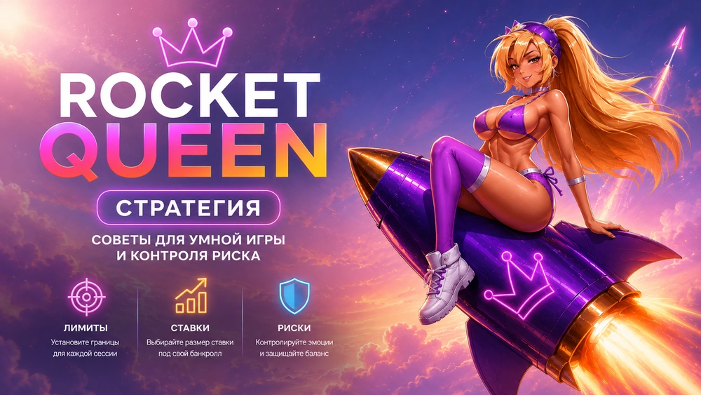 Rocket Queen стратегия с персонажем на ракете, светлым кинематографичным фоном, лимитами, ставками и контролем риска